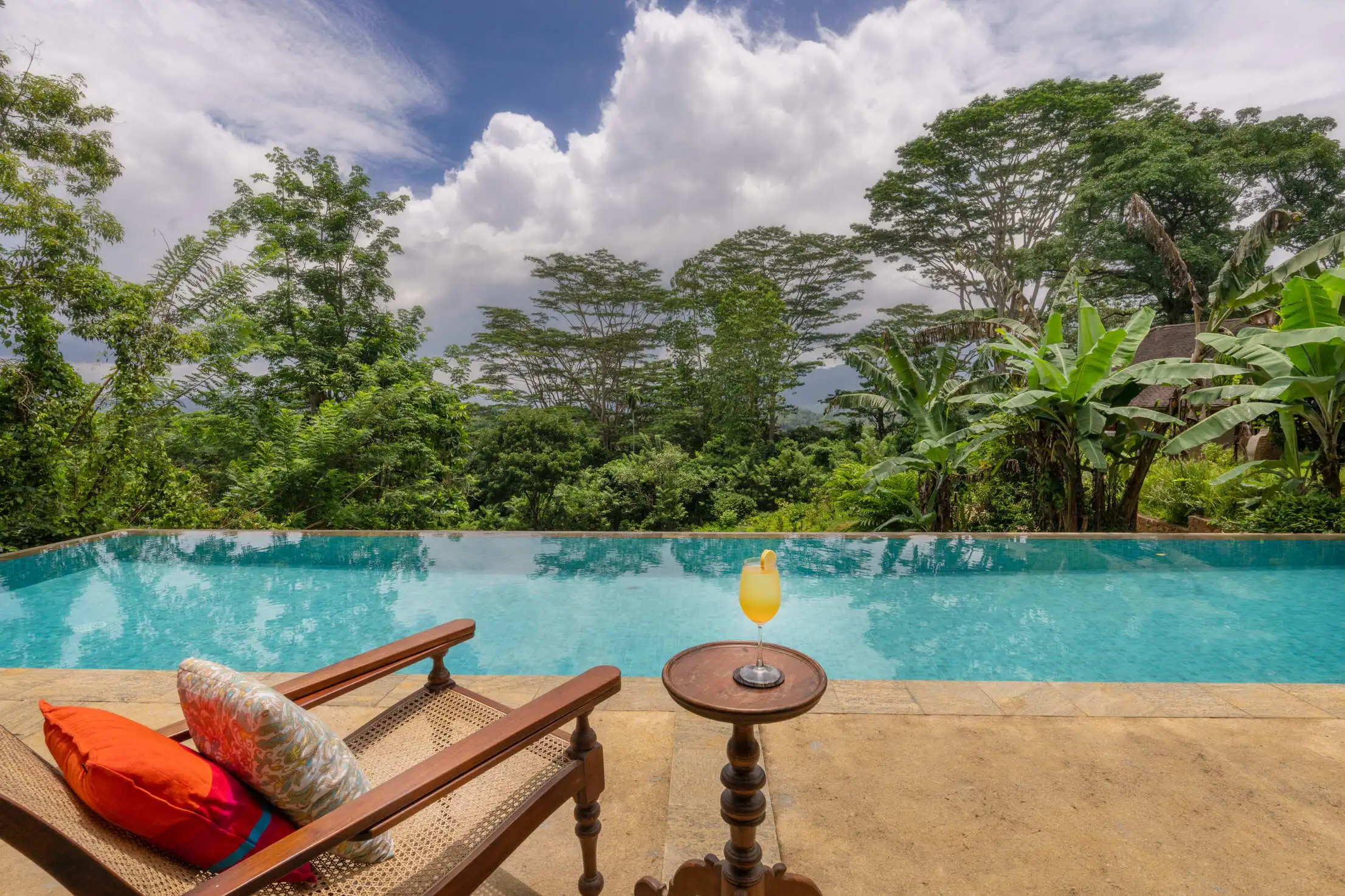Guests dining under trees